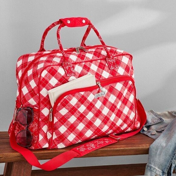 🌹Pioneer Woman Charming Check Weekender Travel Bag Red Floral And Check New 🌹 - Picture 1 of 5